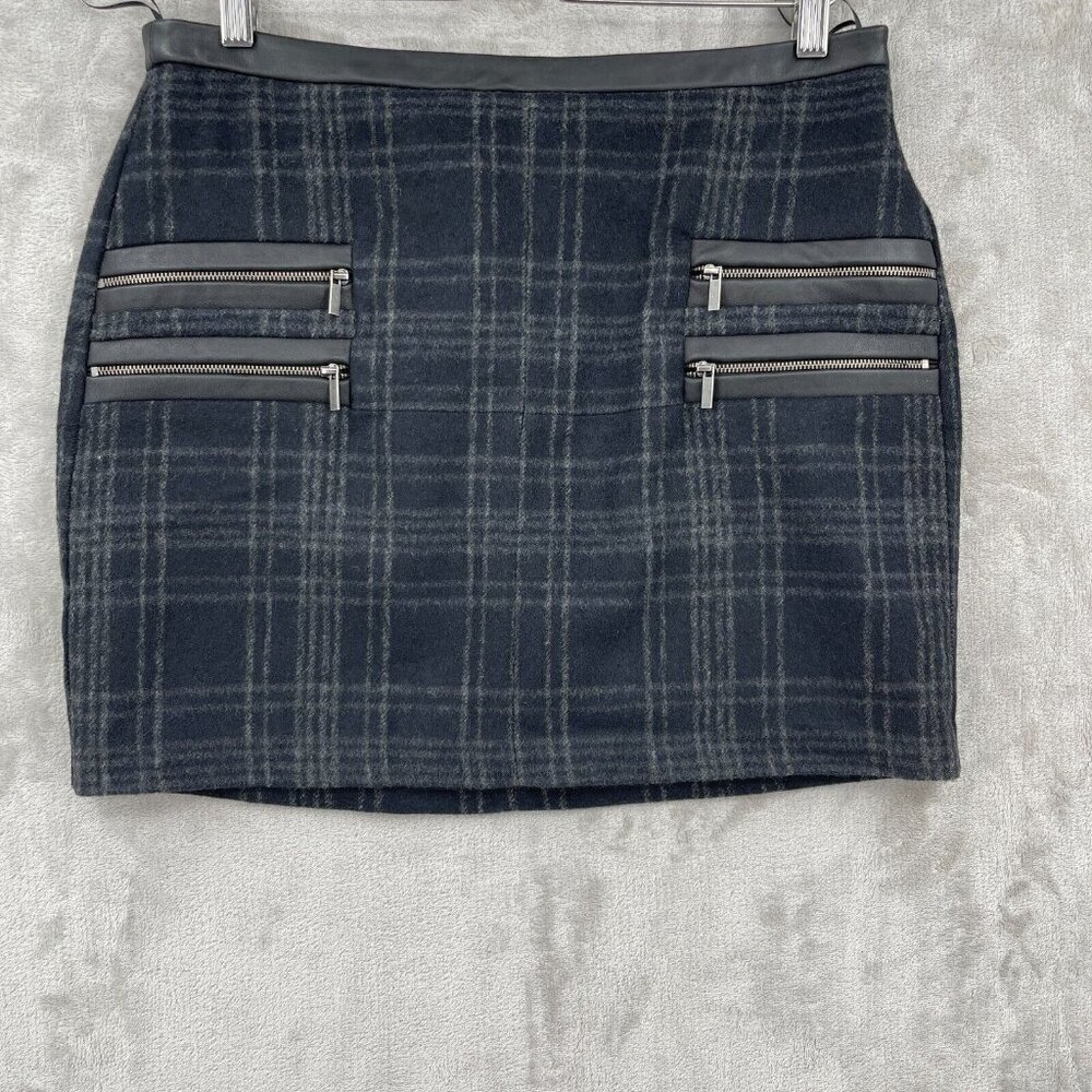 Witchery Black Gray Plaid Wool Blend Zipper Mini Skirt Leather Trim